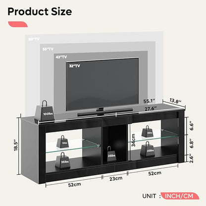 Bestier Modern TV Stand for 65 inch TV with LED Lights, High Gloss Entertainment Console Table with Storage Shelves for Living Room in Glossy Black