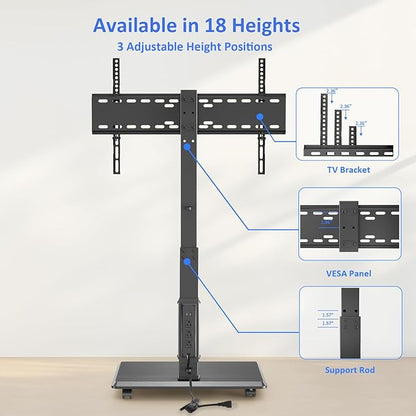 Rolling TV Stand with Power Outlet, Mobile TV Stand for 32-75 Inch TVs up to 110 lbs, 30° Swivel TV Floor Stand, 18 Adjustable Heights, TV Cart on Wheels for Bedroom, Office, Outdoor, Black