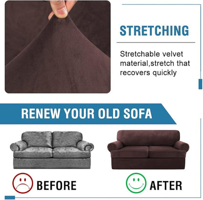 H.VERSAILTEX Sofa Cover 3 Piece T Cushion Loveseat Slipcovers Thick Velvet Couch Cover Furniture Protector Stretch T Cushion Sofa Covers for 2 Cushion Couch with 2 T Cushion Covers Washable, Brown