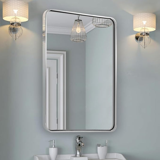 ANDY STAR Chrome Mirrors for Bathroom, 24x36’’ Rounded Rectangle Mirror, Chrome Bathroom Vanity Mirror, SUS304-Anti-Rust, Wall-Mounted Horizontal/Vertical 1’’ Deep