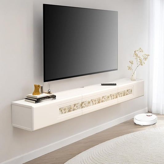 Pmnianhua Floating TV Stand with Mosaic Decor,Wall Mounted TV Console,Floating Entertainment Shelf with Door and Drawers for Bedroom Living Room(White)