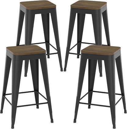 30 inch Backless Bar Stools Set of 4, Indoor Metal Bar Stools with Wood Seat, Industrial Counter Height Barstools for Kitchen Island, Black