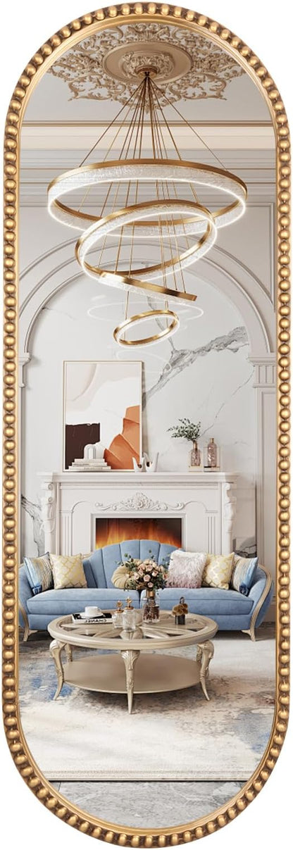 Oval Full Length Mirror, 20"x53" Metal Beaded Frame Large Hanging Dressing Floor Mirror for Bedroom, Living Room, Entryway, Antique Gold (No Stand)