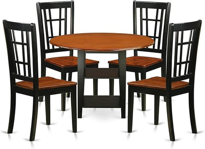 East West Furniture SUNI5-BCH-W 5 Piece Dining Room Furniture Set Includes a Round Dining Table with Dropleaf & Shelves and 4 Wood Seat Chairs, 42x42 Inch, Black & Cherry