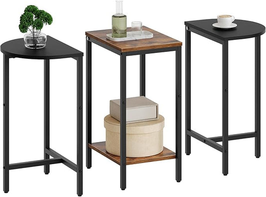 Small Side End Table, Nesting Side Table for Living Room, 2-Tier Nesting Side Table for Small Space, Wooden Sofe Tables Set of 3, Half Round End Table for Couch, Office, Brown and Black ET33BR
