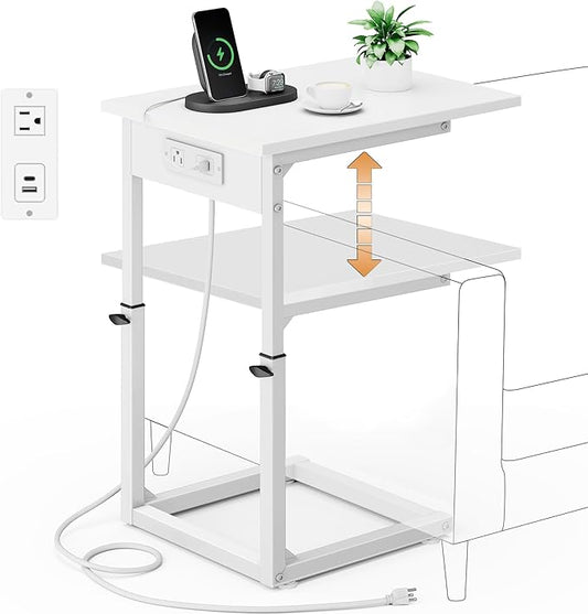 Vagusicc C Shaped End Table with Charging Station, 33" Tall Side Table for Couch, Sofa Table Adjustable Height Couch Side Table Coffee Table, Slide Under Sofa TV Tray C Table for Living Room, White
