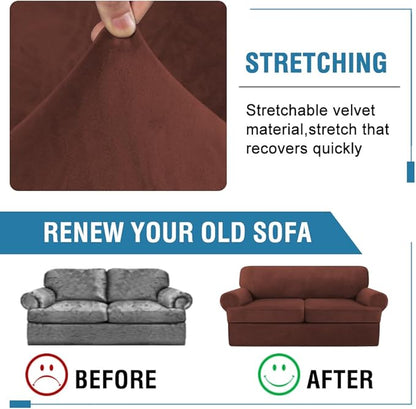 H.VERSAILTEX Sofa Cover 3 Piece T Cushion Sofa Slipcovers Thick Velvet Couch Cover Stretch T Cushion Sofa Covers for 2 Cushion Couch with 2 Individual T Cushion Covers, Burnt Brick