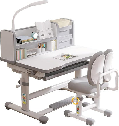 Kids Functional Study Desk and Chair Sets Ergonomic Height Adjustable Children School Study Desk 3-18 Years Boy and Girl Study Table and Chair Set with Tilt Desktop,LED Light for Reading,Writing