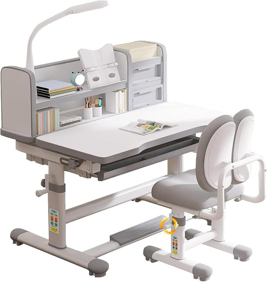 Kids Functional Study Desk and Chair Sets Ergonomic Height Adjustable Children School Study Desk 3-18 Years Boy and Girl Study Table and Chair Set with Tilt Desktop,LED Light for Reading,Writing