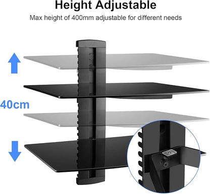 Suptek Glass Floating Shelves, TV Wall Mount with Shelf for DVD Player / PS4 / Cable Boxes/Game Consoles/Sky Box/TV Accessories, Flat Black 2-Tier Wall Mount Bracket