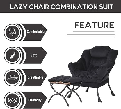 LITA Lazy Chair with Ottoman, Modern Accent Leisure Upholstered Sofa, Contemporary Lounge Reading Chair with Armrests and a Side Pocket for Living Room, Bedroom & Small Space, Black