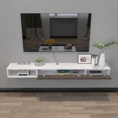 Pmnianhua Floating TV Shelf, 55'' Wall Mounted Floating TV Stand Unit Media Console Wall TV Console Cabinet Media Entertainment Shelf with 2 Doors for TVs up to 60 inch (Greyish-White)