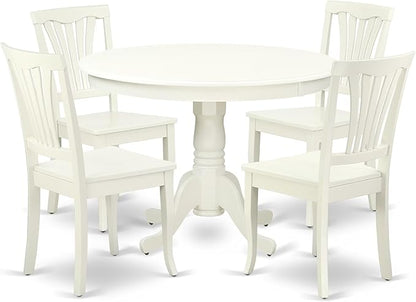 East West Furniture HLAV5-LWH-W 5 Piece Kitchen Table Set for 4 Includes a Round Dining Room Table with Pedestal and 4 Solid Wood Seat Chairs, 42x42 Inch, Linen White