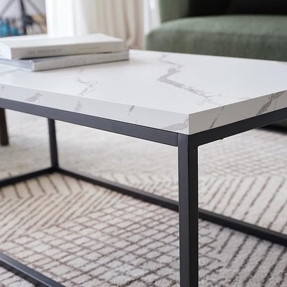 CENSI 40-Inch Marble Accent Coffee Table Ottoman for Living Room, Rectangle, Mid-Century Modern Industrial Style, Extra Thick Top, Wood and Metal (White Marble)