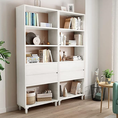 IOTXY White Mid-Century Bookcase with Legs - 67" Tall Open Shelves Cube Billy Bookshelf with Double Drawers for Home and Office
