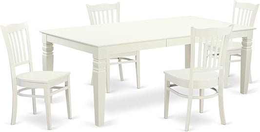 East West Furniture LGGR5-LWH-W 5 Piece Dining Room Table Set Includes a Rectangle Wooden Table with Butterfly Leaf and 4 Kitchen Dining Chairs, 42x84 Inch, Linen White