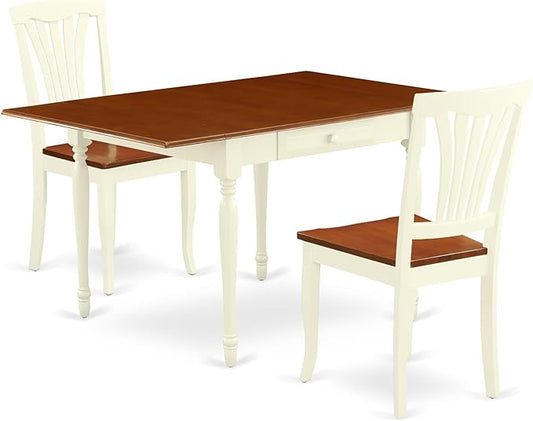 East West Furniture MZAV3-WHI-W 3 Piece Dining Table Set for Small Spaces Contains a Rectangle Dining Room Table with Dropleaf and 2 Wood Seat Chairs, 36x54 Inch, Buttermilk & Cherry