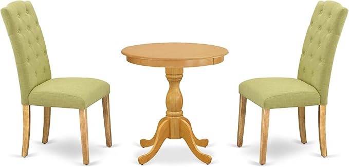East West Furniture ESCE3-OAK-07 3 Piece Dinette Set for Small Spaces Contains a Round Dining Table with Pedestal and 2 Limelight Linen Fabric Upholstered Chairs, 30x30 Inch, Oak