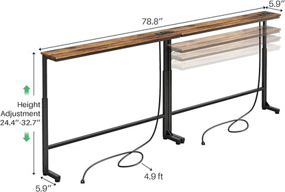 Kitstorack 2-Pack Narrow Console Table with Adjustable Height (25"-33") & 2 Power Outlets, Skinny Behind Couch Table, 79" Long x 5.9" Wide Sofa Side Table for Living Room, Rustic Brown