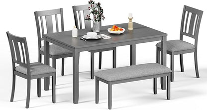 6-Piece Wooden Dining Table Set, Dining Table Set for 6, Including 1 Dining Table, 4 Upholstered Chairs and 1 Bench, Wooden Legs Dining Table, Table Set for Dining Room & Kitchen, Grey