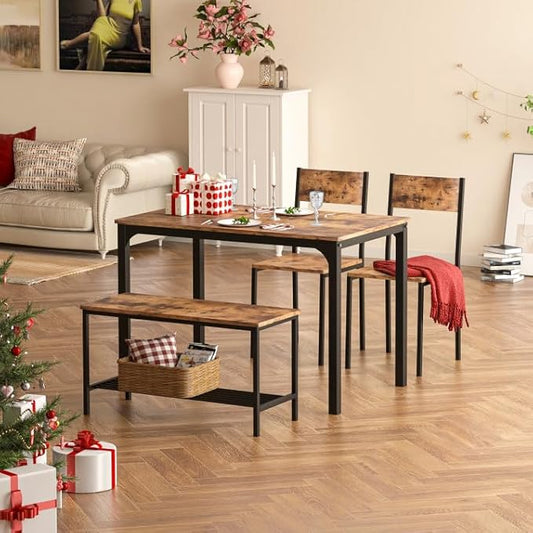 sogesfurniture 4-Piece Dining Table Set with 1 Bench and 2 Chairs, Kitchen Bench Table Set for 4, Wooden Kitchen Table and Chairs for Limited Space,Rustic Brown