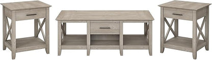 Bush Furniture Key West Coffee Table with Set of 2 End Tables, Washed Gray