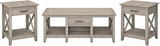 Bush Furniture Key West Coffee Table with Set of 2 End Tables, Washed Gray