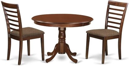 East West Furniture HLML3-MAH-C 3 Piece Dining Set Contains a Round Dining Room Table with Pedestal and 2 Linen Fabric Upholstered Kitchen Chairs, 42x42 Inch, Mahogany