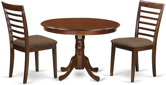 East West Furniture HLML3-MAH-C 3 Piece Dining Set Contains a Round Dining Room Table with Pedestal and 2 Linen Fabric Upholstered Kitchen Chairs, 42x42 Inch, Mahogany
