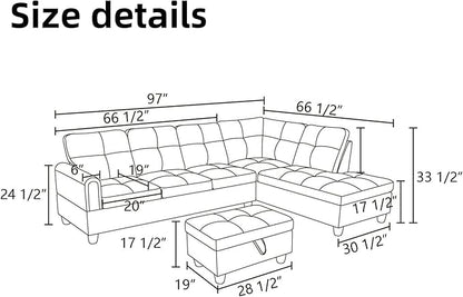 L Shaped Sectional Couches for Living Room, Modern Modular Sectional Sofa with Ottoman Storage, Comfy L Shaped Couch with Chaise for Bedroom Apartment Furniture, Gray