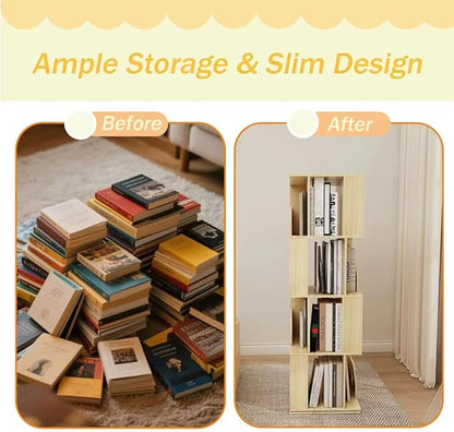 4 Tier Kids Rotating Bookshelf, Premium Pine Wood Space Saving Bookshelf Holds 100+ Books, 360° Spinning, Great for Larger Reads in Kids’ Room, Living Room & Office, Easy to Assemble