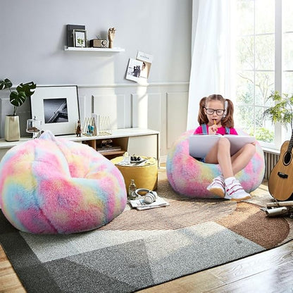 Fluffy Bean Bag Chair, 3FT Round Memory Foam Filled Bean Bag for Teens & Kids, Ultra Soft Faux Fur Fabric Bean Bag Chairs for Playroom, Living Room, Bedroom, Rainbow