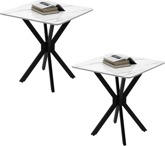 Square Side Table Set of 2, Modern Stylish End Table with Faux Marble Top and Black Metal Legs,Durable Sofa Side Table for Living Room Bedroom