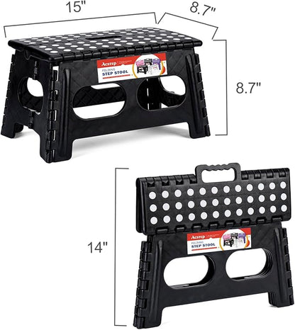 ACSTEP Foldable Step Stool for Kids and Adults,15-Inch Extra Wide 9-Inch Height Step Stool(2 Pack) More Safe and Comfortable Holds Up to 300 lbs Folding Step Stool for Bathroom, Garden, Kitchen（Black）