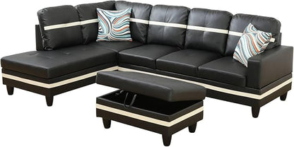 NicBex Sectional Couch 3 Pieces Sofa Set with Right Chaise PU Synthetic Leather L Shaped Cloud Couch for Living Room Furniture Sets with Storage Ottoman, Modular Sofa for Apartment, Black+White