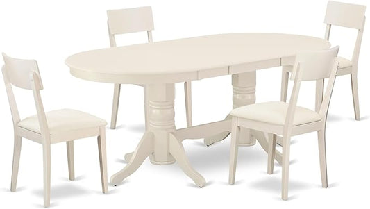East West Furniture VAAD5-LWH-LC 5 Piece Dining Room Furniture Set Includes an Oval Kitchen Table with Butterfly Leaf and 4 Faux Leather Upholstered Dining Chairs, 40x76 Inch, Linen White