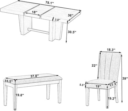 Ball & Cast 6 Piece Farmhouse Dining Table Set with Extendable Table,4 Upholstered Chairs & 1 Bench,Wooden Kitchen Table Set of 6,Backrest Chair with Table & Upholstery-Bench,for Dining Room,Natural