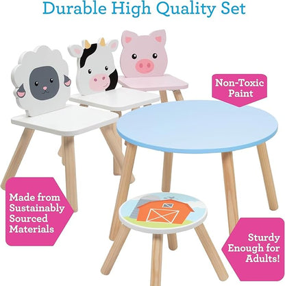 Kids Wooden Animal Table & Chair Set w 4 Seats- Cow Pig Sheep Plus Adult Stool for Arts Crafts, Dining, Pretend Play- Durable Playroom Furniture for Home, Daycare Classroom- Toddler Children Gift