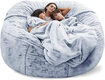 Giant Fur Bean Bag Chair Cover for Kids Adults, (No Filler) Living Room Furniture Big Round Soft Fluffy Faux Fur Beanbag Lazy Sofa Bed Cover (Snow Grey, 7FT)