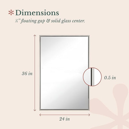 Hamilton Hills 24x36 inch Polished Silver Metal Framed Wall Mounted Mirror - Large Rectangular Wall Mirrors for Bathroom - 1/2 inch Floating Frame Vanity Nickel Glass - Hangs Horizontal or Vertical