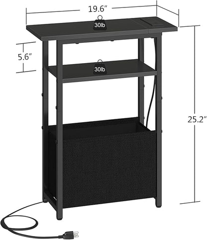 Narrow Side Table with Charging Station, Small End Table for Small Spaces, Skinny Nightstands with Storage Basket, 3 Tier Sofa Couch Bedside Tables for Living Room,Bedroom, Black