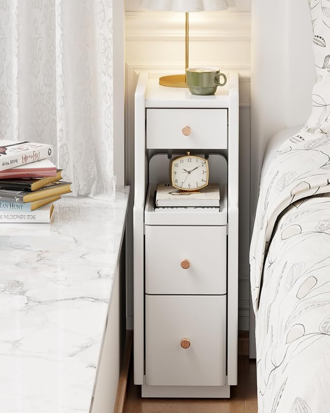 Narrow Nightstand with 3 Drawers,Solid Wood Small Nightstand White, Modern Small Bedside Tables for Bedroom(Fully Assembly)