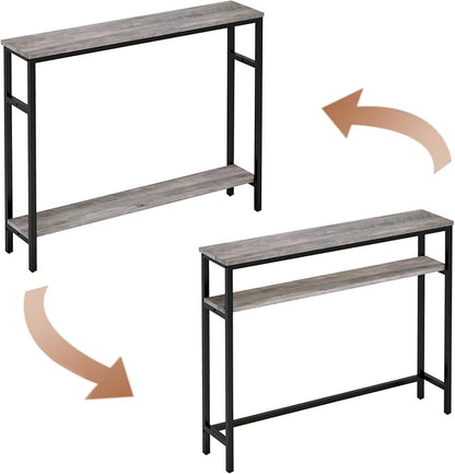 Narrow Console Table, 39.4” Sofa Table with Adjustable Shelf, 2-Tier Long Skinny Table for Hallway, Entryway, Living Room, Foyer, Grey