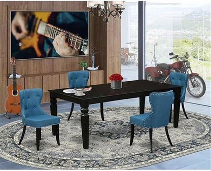 East West Furniture LGSI5-BLK-21 5 Piece Dining Set Includes a Rectangle Dining Room Table with Butterfly Leaf and 4 Blue Linen Fabric Upholstered Parson Chairs, 42x84 Inch, Black