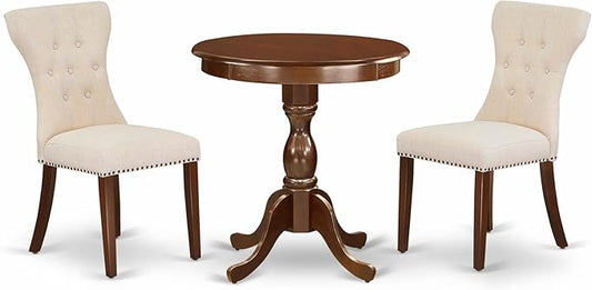East West Furniture ESGA3-MAH-32 3 Piece Dining Table Set for Small Spaces Contains a Round Wooden Table with Pedestal and 2 Light Beige Linen Fabric Parson Chairs, 30x30 Inch, Mahogany