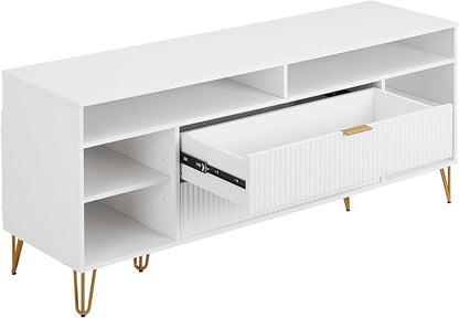 Manhattan Comfort Dumbo Mid Century Modern TV Stand for Televisions up to 60 Inches, Home Entertainment Center with Storage, 6 Shelves, 2 Drawers, No Tool Assembly, 63" Wide, White