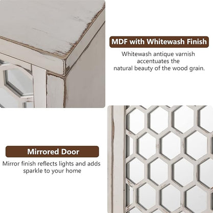 COSIEST 31.5" W Sideboard Buffet Cabinet with Mirrored Doors and Adjustable Shelf, Kitchen Storage Cabinet with Sliding Doors for Dining Room, Hallway, Living Room (White, Honeycomb Pattern)
