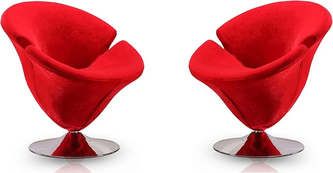 Manhattan Comfort Tulip Swivel Accent Chair Set of 2 with 360° Turn, Modern Flower Inspired Design, Soft Velvet Upholstery, Polished Chrome Base, No Assembly Required, 300 Lbs Capacity, Red