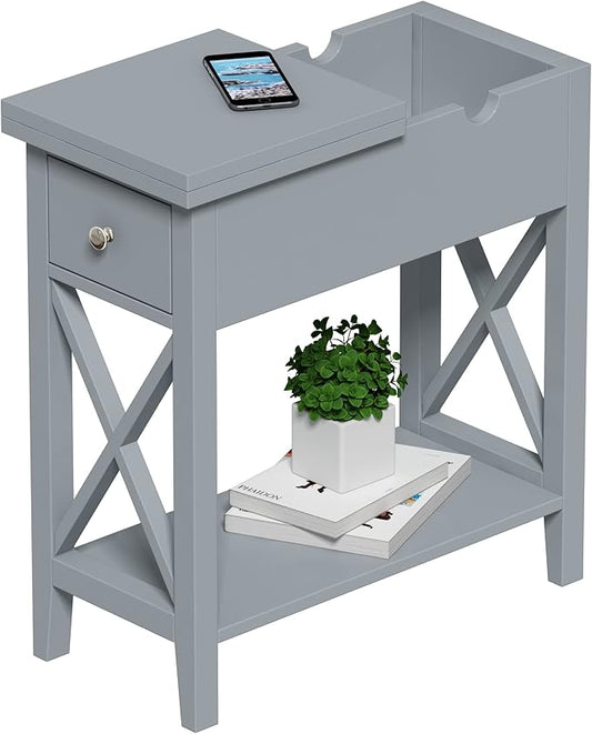 ChooChoo End Table, MDF Material Flip Top Narrow End Table with Drawer, Accent Small Side Table Nightstand for Living Room, Bedroom, and Small Spaces - Gray