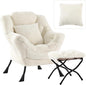 Large Lazy Chair with Ottoman, Accent Reading Chair with a Throw Pillow, Cozy Lounge Chair with Armrest, Leisure Sofa Chair for Living Room, Bedroom, Dorm, Plush Ivory